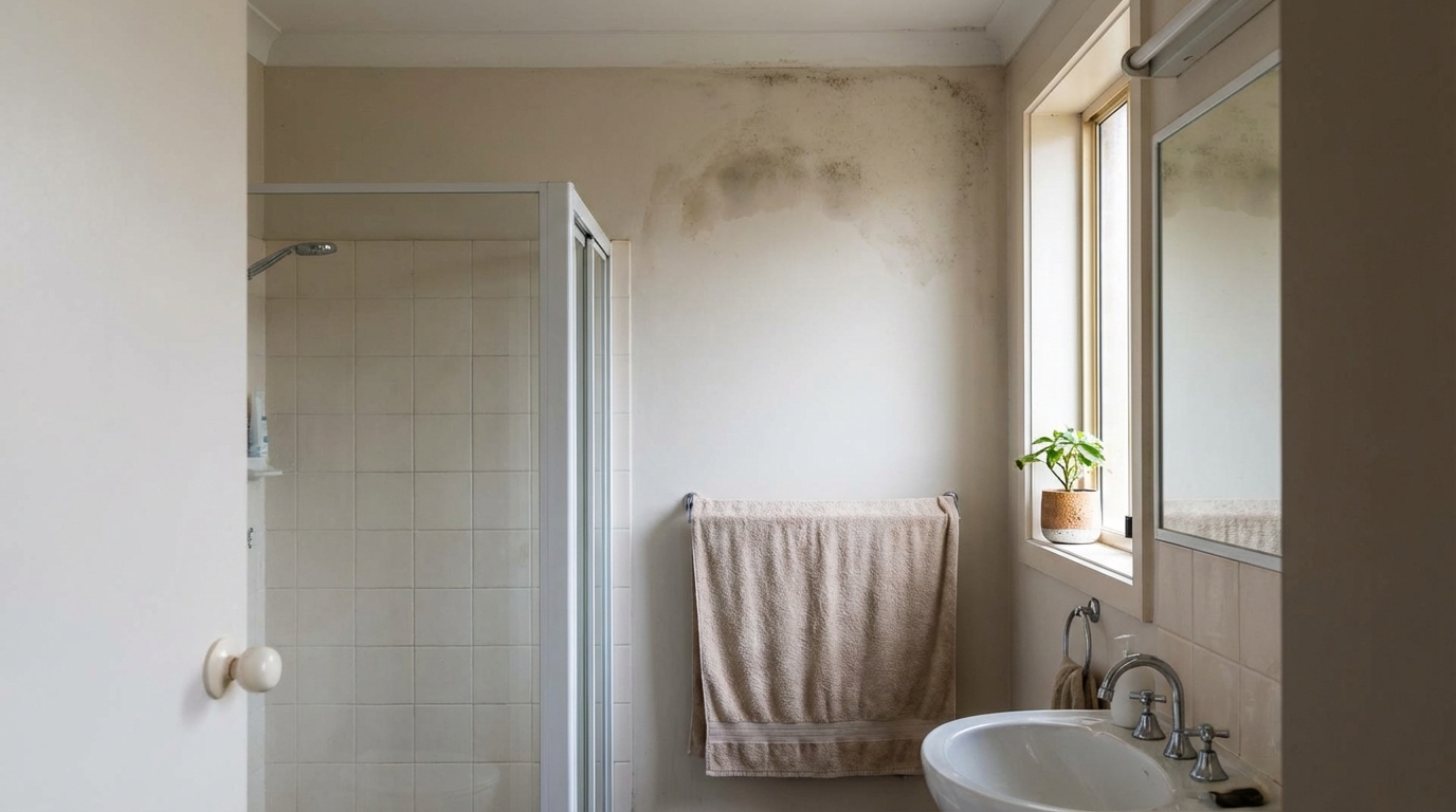 Мухъл и влага по стена в баня, възможен признак за скрит теч